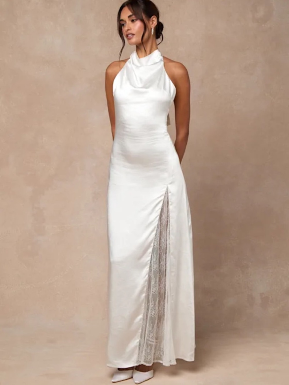 New Lulus Concetta Ivory Satin Elegant Halter Gown With Lace Panel Sz Medium - Picture 5 of 10